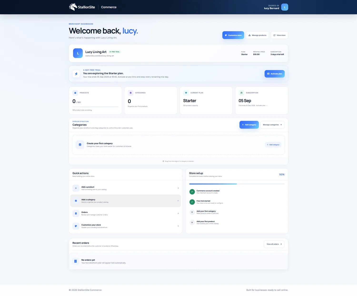 Merchant dashboard during a 3-day free trial