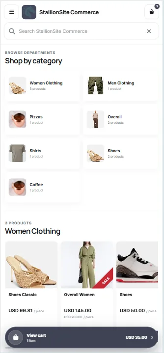 Mobile storefront created with StallionSite Commerce
